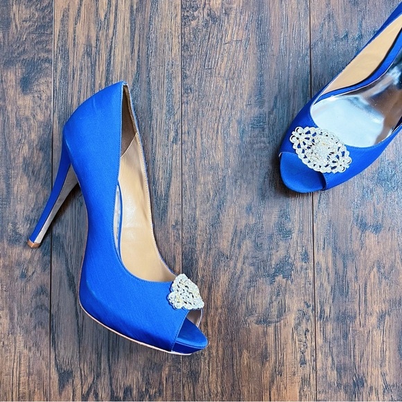 Badgley Mischka • Goodie Peep Toe Pumps satin jeweled Royal Blue Silk crystal - Picture 6 of 13